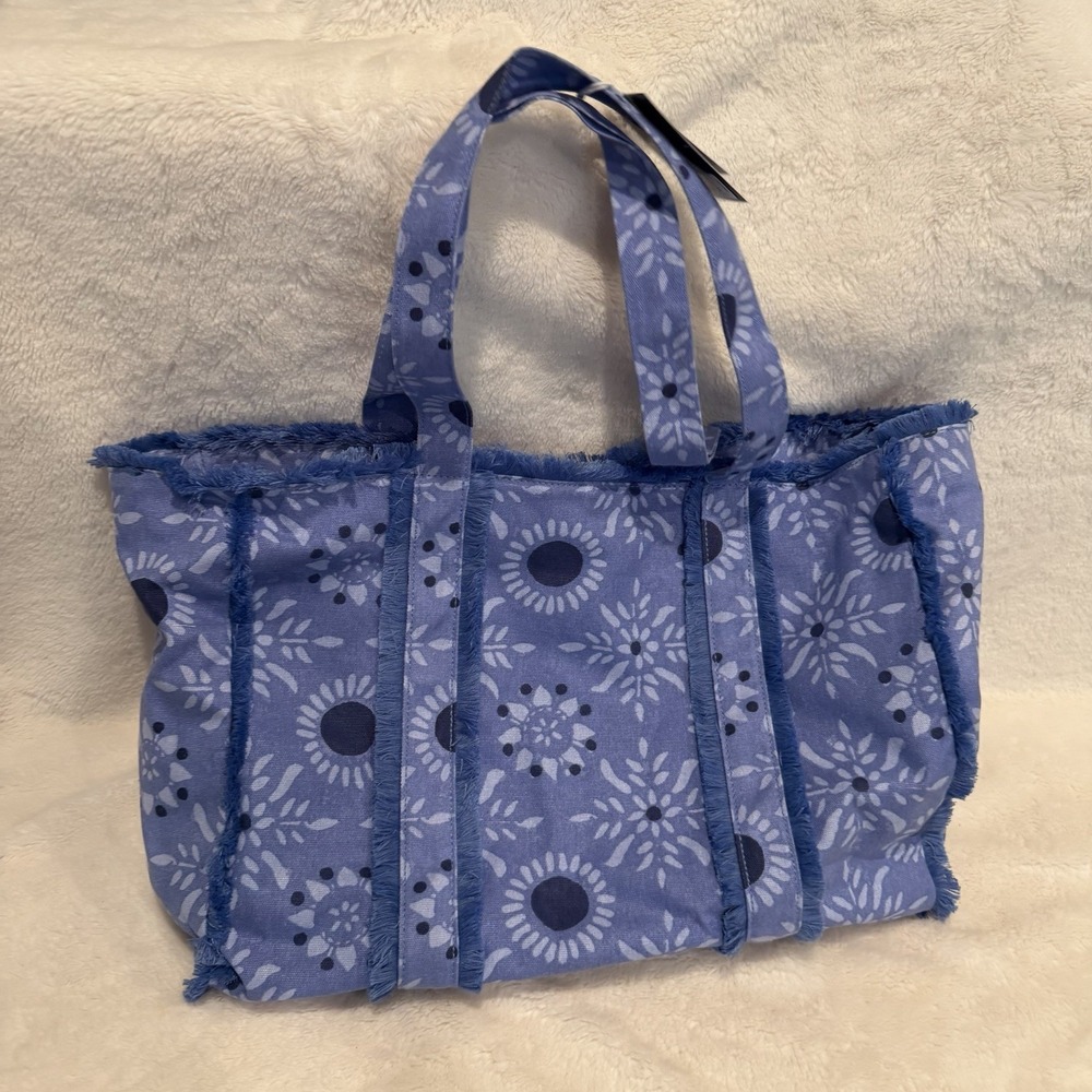 Roller Rabbit x Target Vacation Beach Fringe Canvas Tote Bag Blue Floral NWT